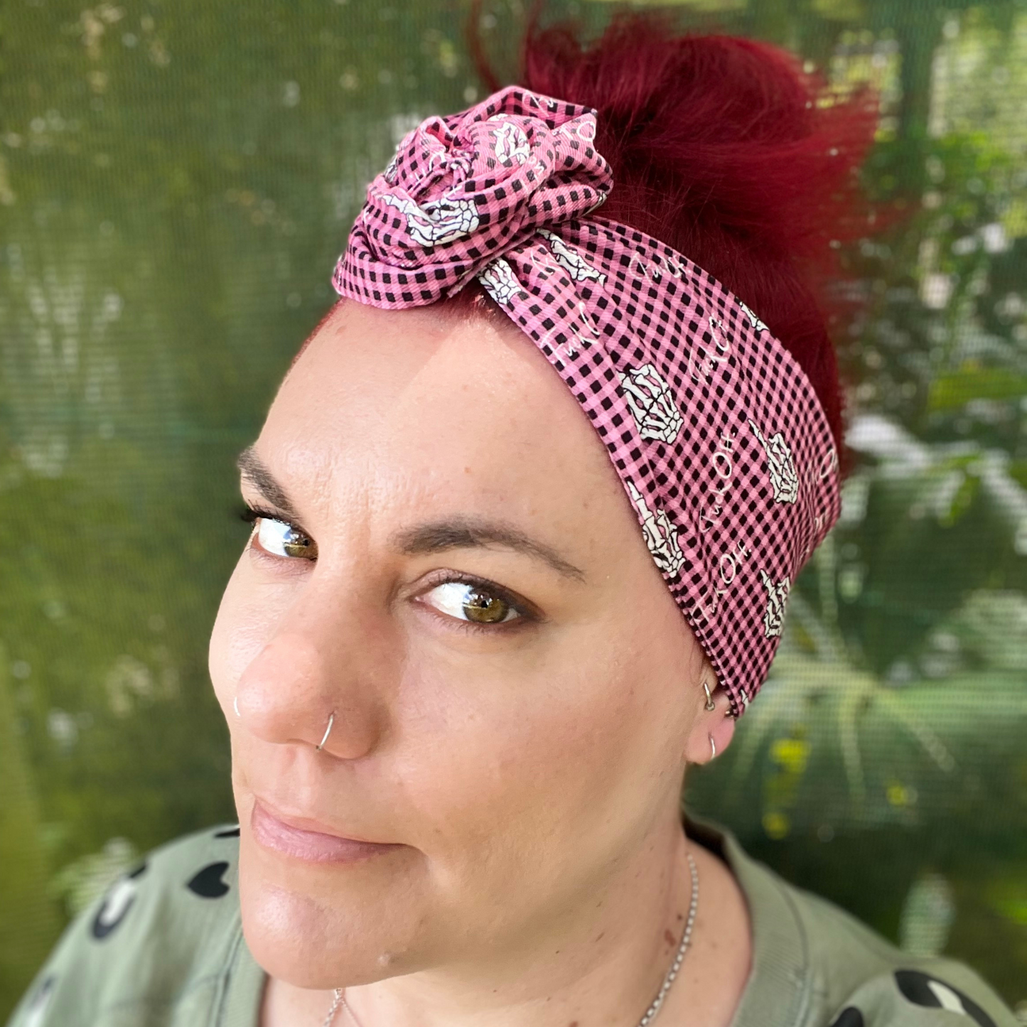 Pink Gingham F Off Skeleton Finger Wired Head Wrap