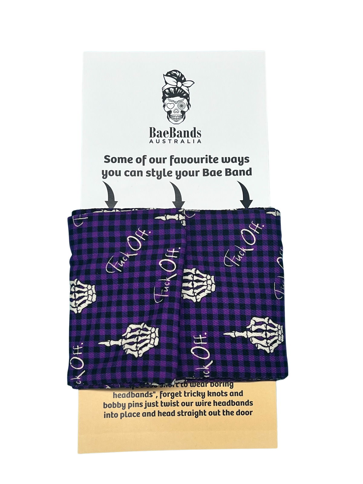 Purple Gingham F Off Skeleton Finger Wired Head Wrap