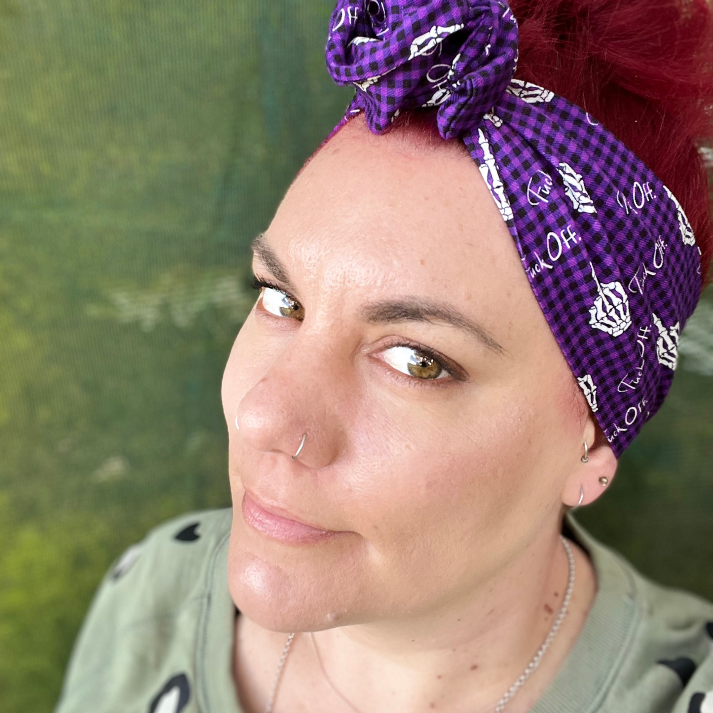 Purple Gingham F Off Skeleton Finger Wired Head Wrap