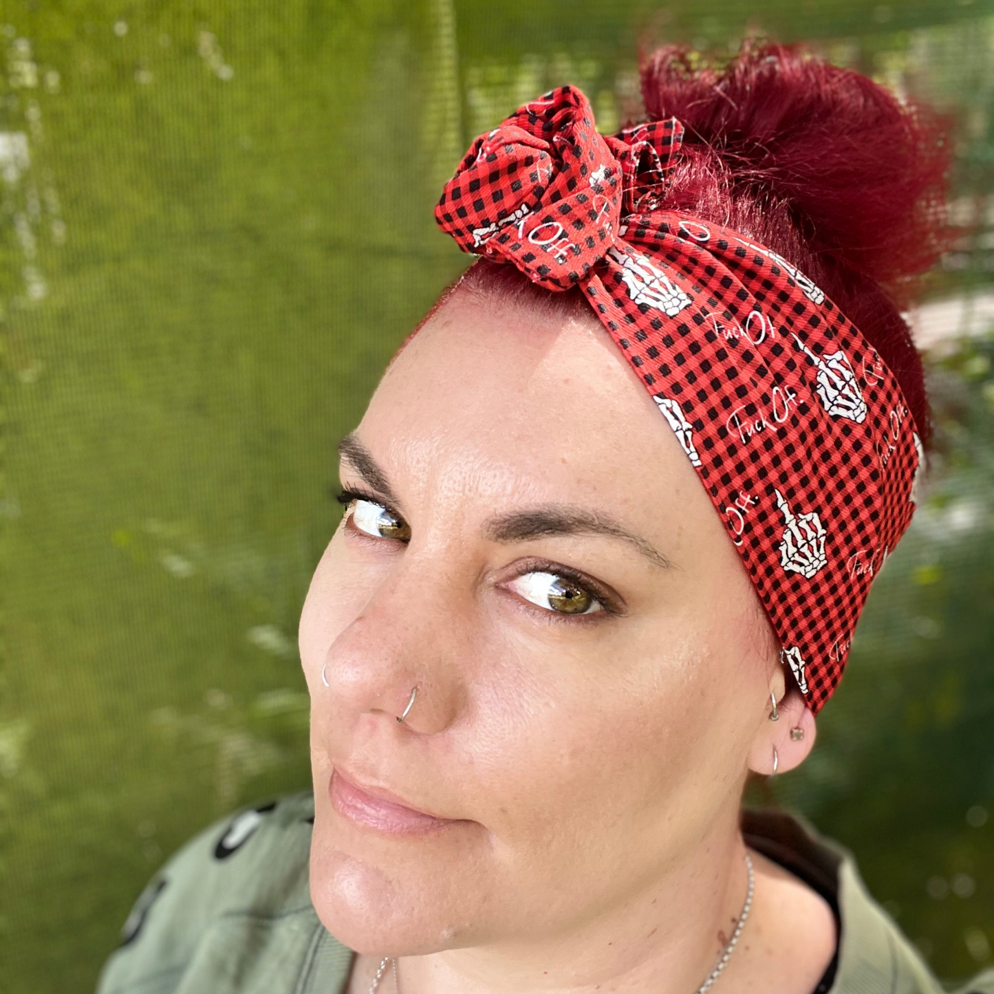 Red Gingham F Off Skeleton Finger Wired Head Wrap
