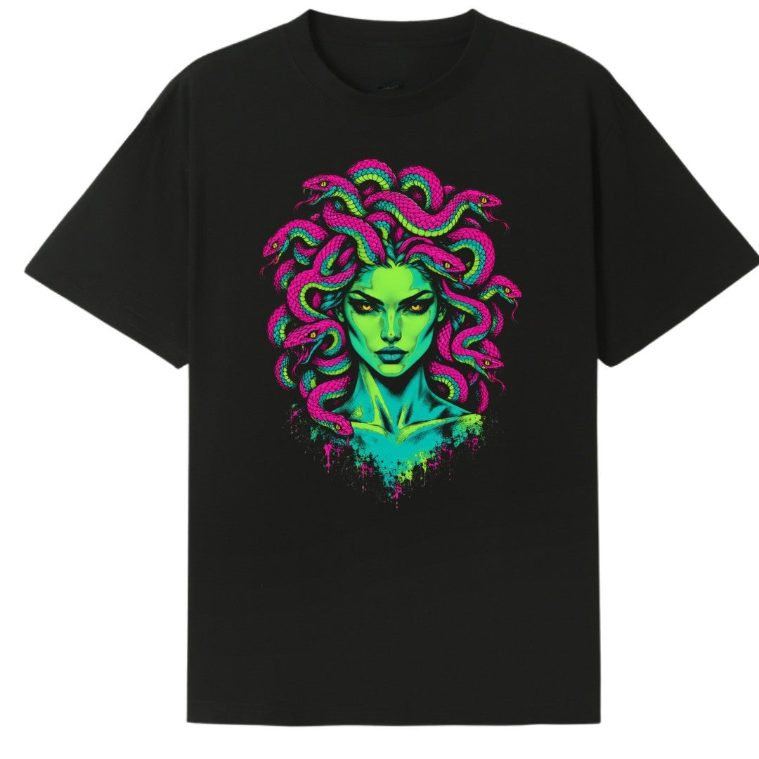 A black oversized tee with the Medusa graphic printed large on the front.