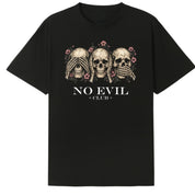 A black oversized tee with the No Evil Club graphic printed large on the front.