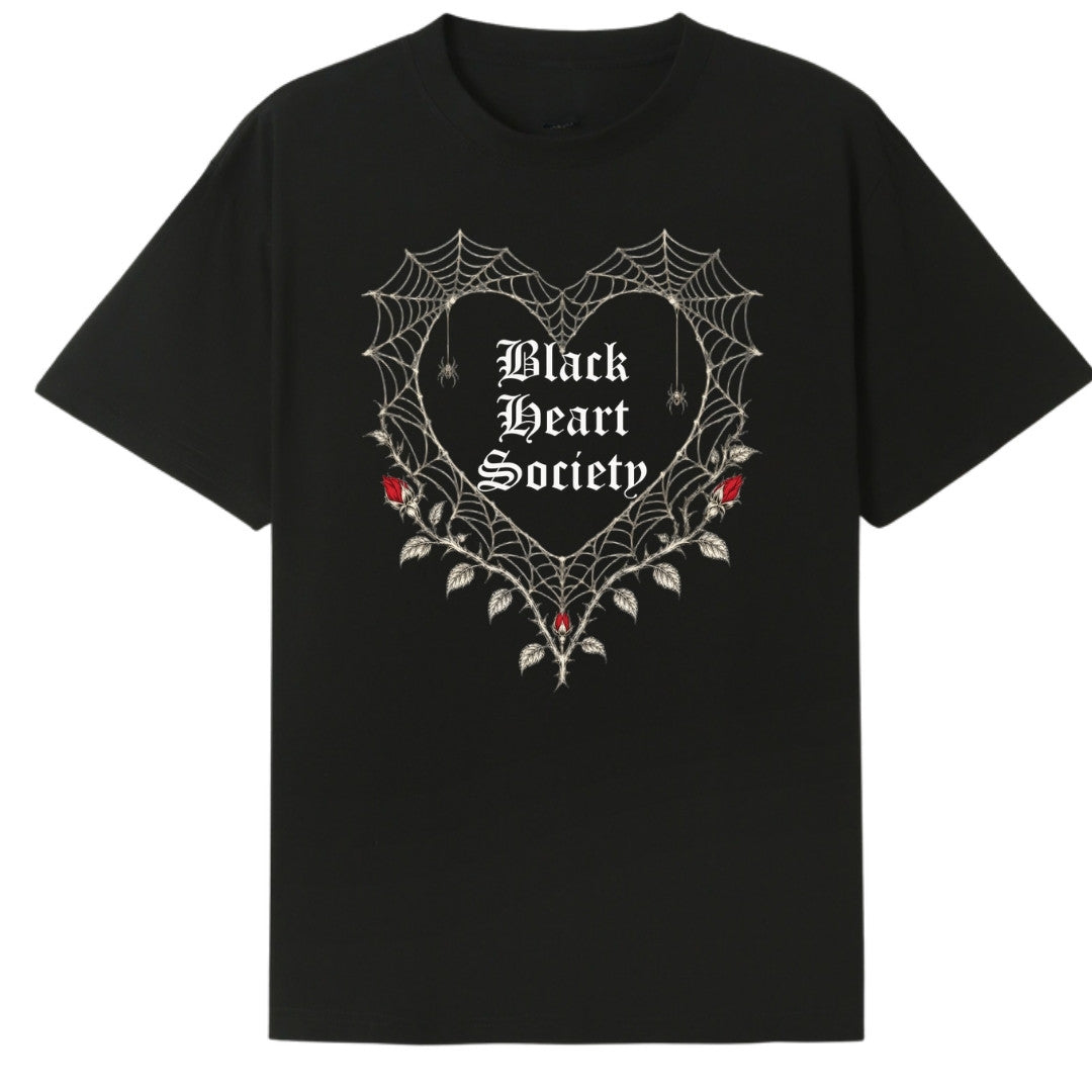 A black oversized tee with the Black Heart Society graphic printed large on the front.