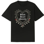 A black oversized tee with the Black Heart Society graphic printed large on the front.
