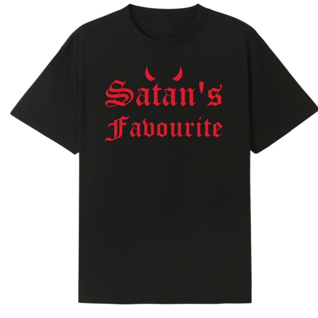 A black oversized tee with the Satan's Favourite graphic printed large on the front.