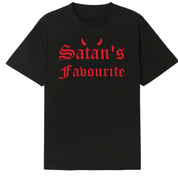 A black oversized tee with the Satan's Favourite graphic printed large on the front.