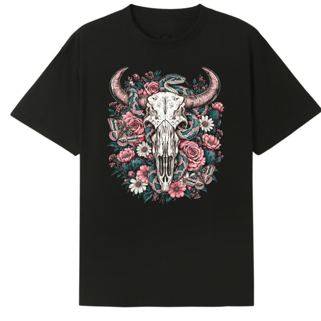 A black oversized tee with the Skull Snake And Moths graphic printed large on the front.
