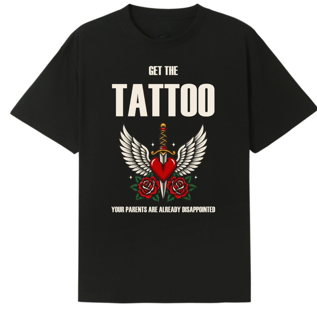 A black oversized tee with the Get The Tattoo graphic printed large on the front.