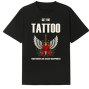 A black oversized tee with the Get The Tattoo graphic printed large on the front.