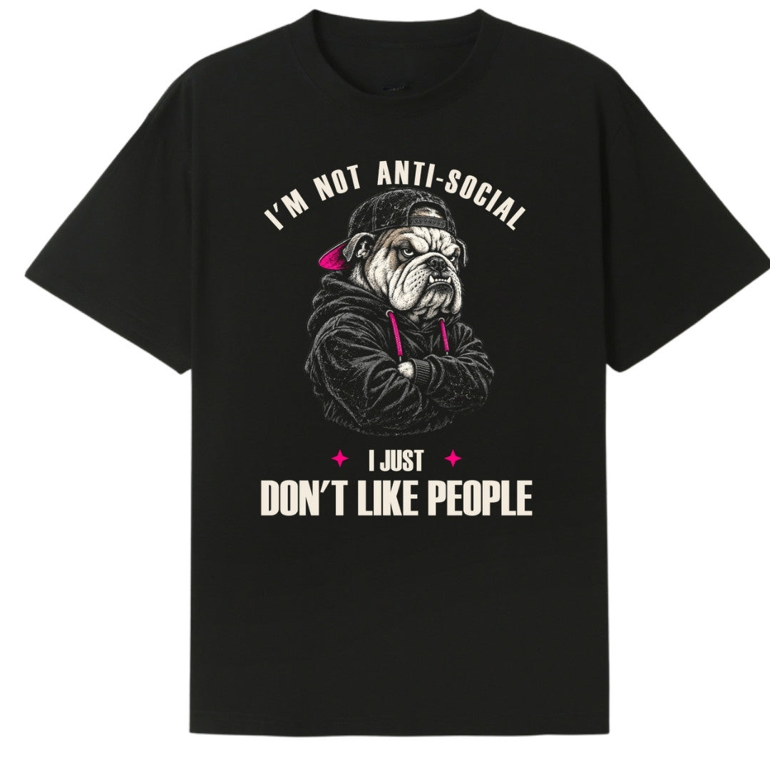 A black oversized tee with the I'm Not Anti Social Bulldog graphic printed large on the front.