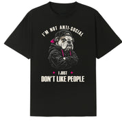A black oversized tee with the I'm Not Anti Social Bulldog graphic printed large on the front.