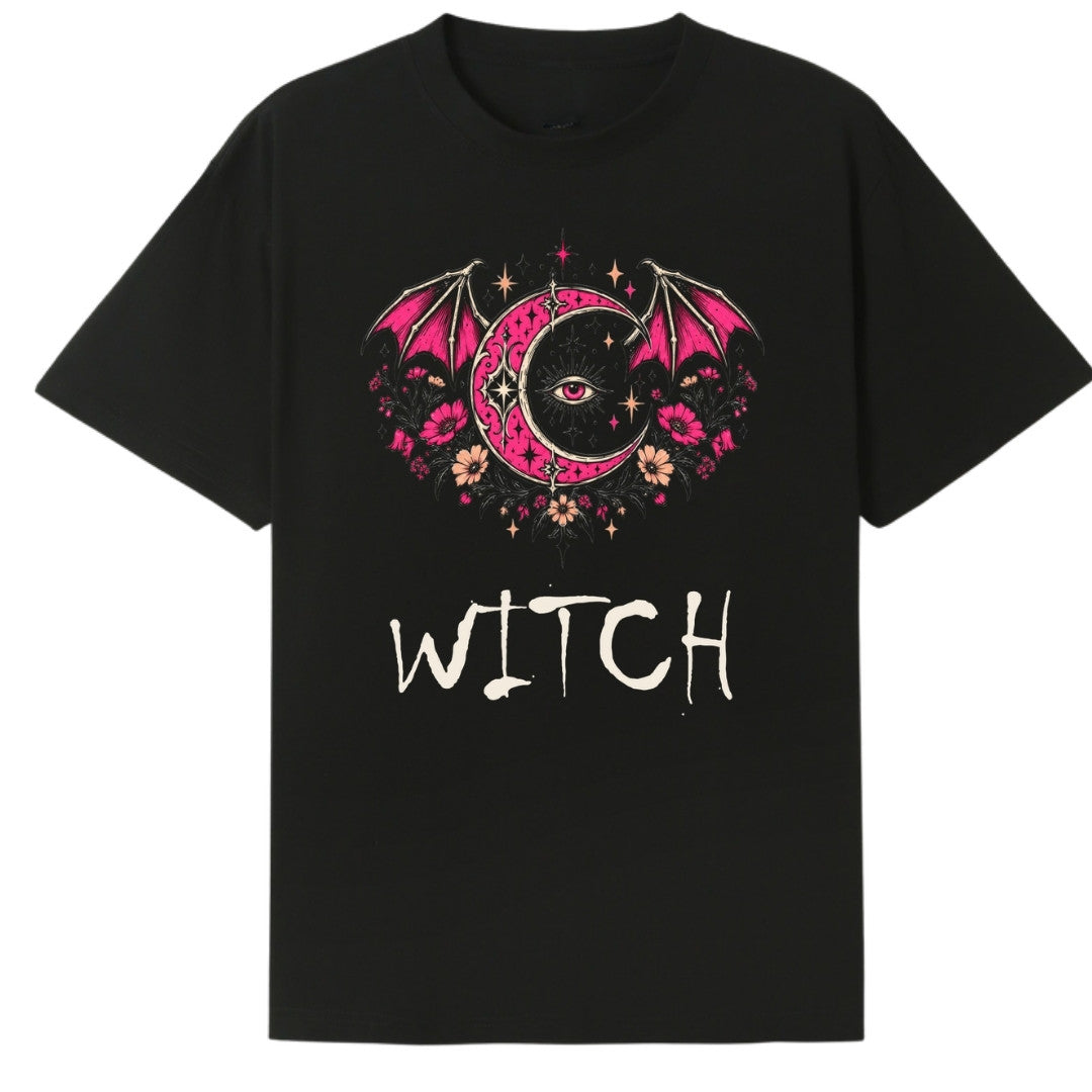 A black oversized tee with the Witch graphic printed large on the front.