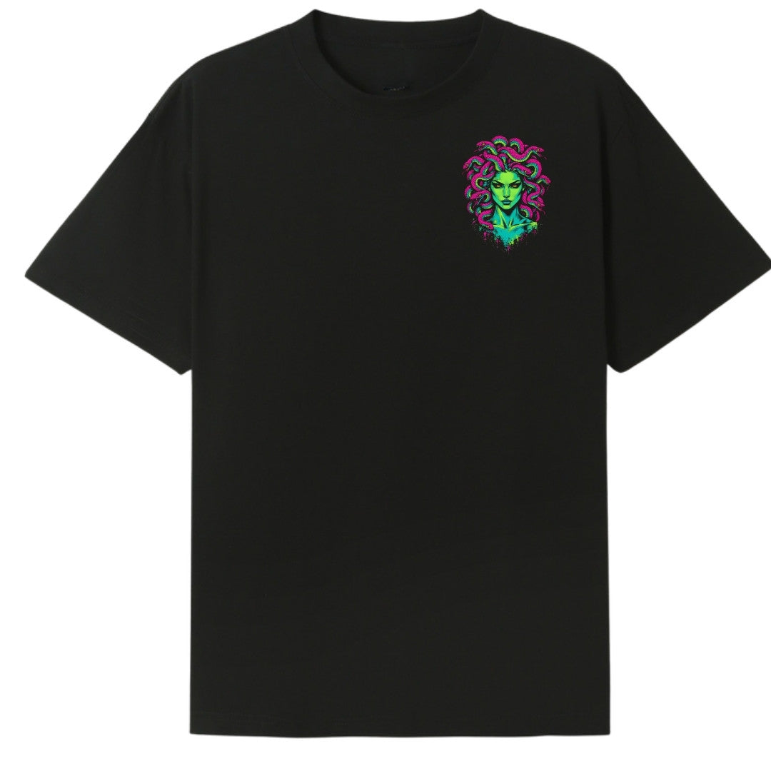 A black oversized tee with a small Medusa graphic on the left chest.