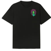 A black oversized tee with a small Medusa graphic on the left chest.