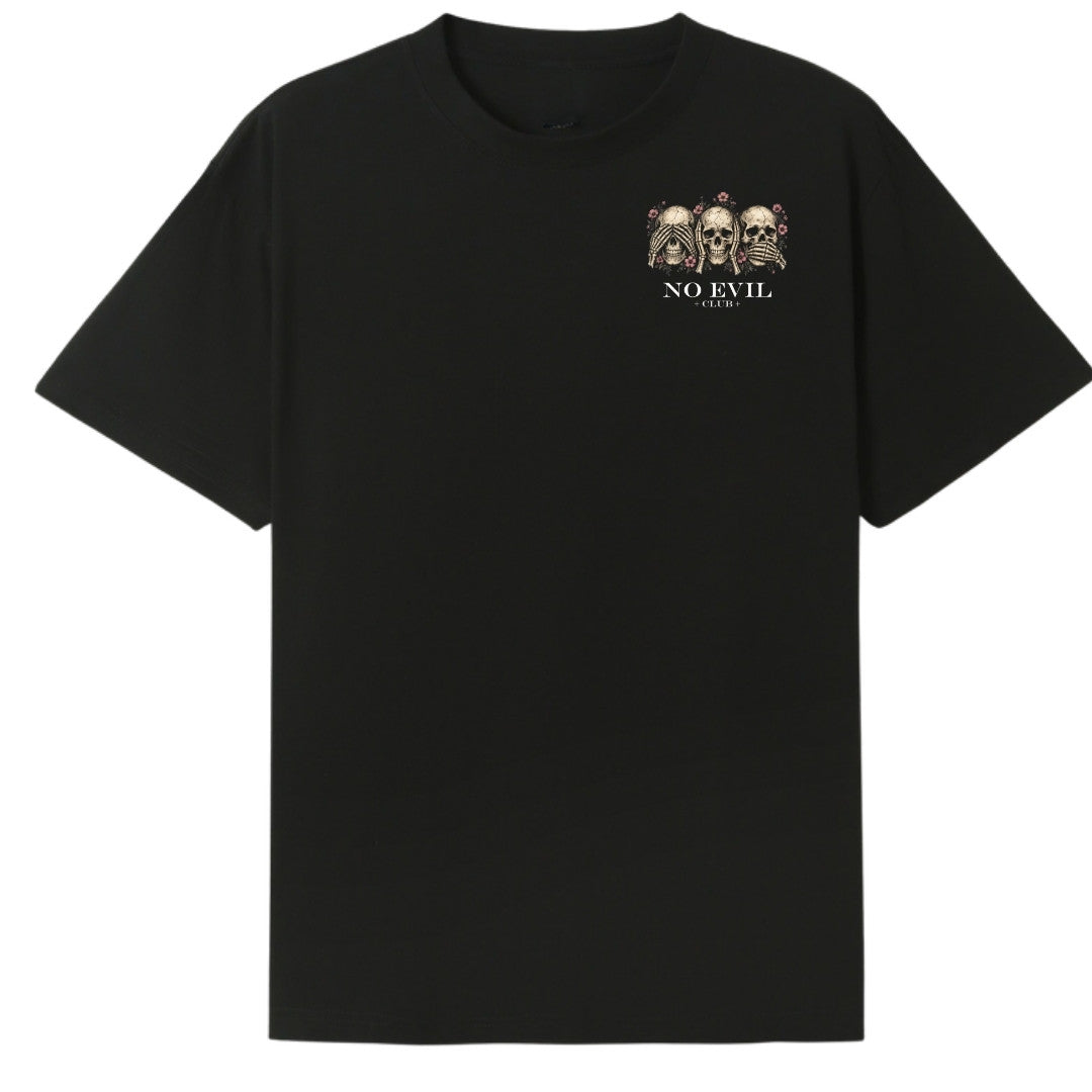A black oversized tee with a small No Evil Club graphic on the left chest.