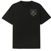 A black oversized tee with a small Black Heart Society graphic on the left chest.
