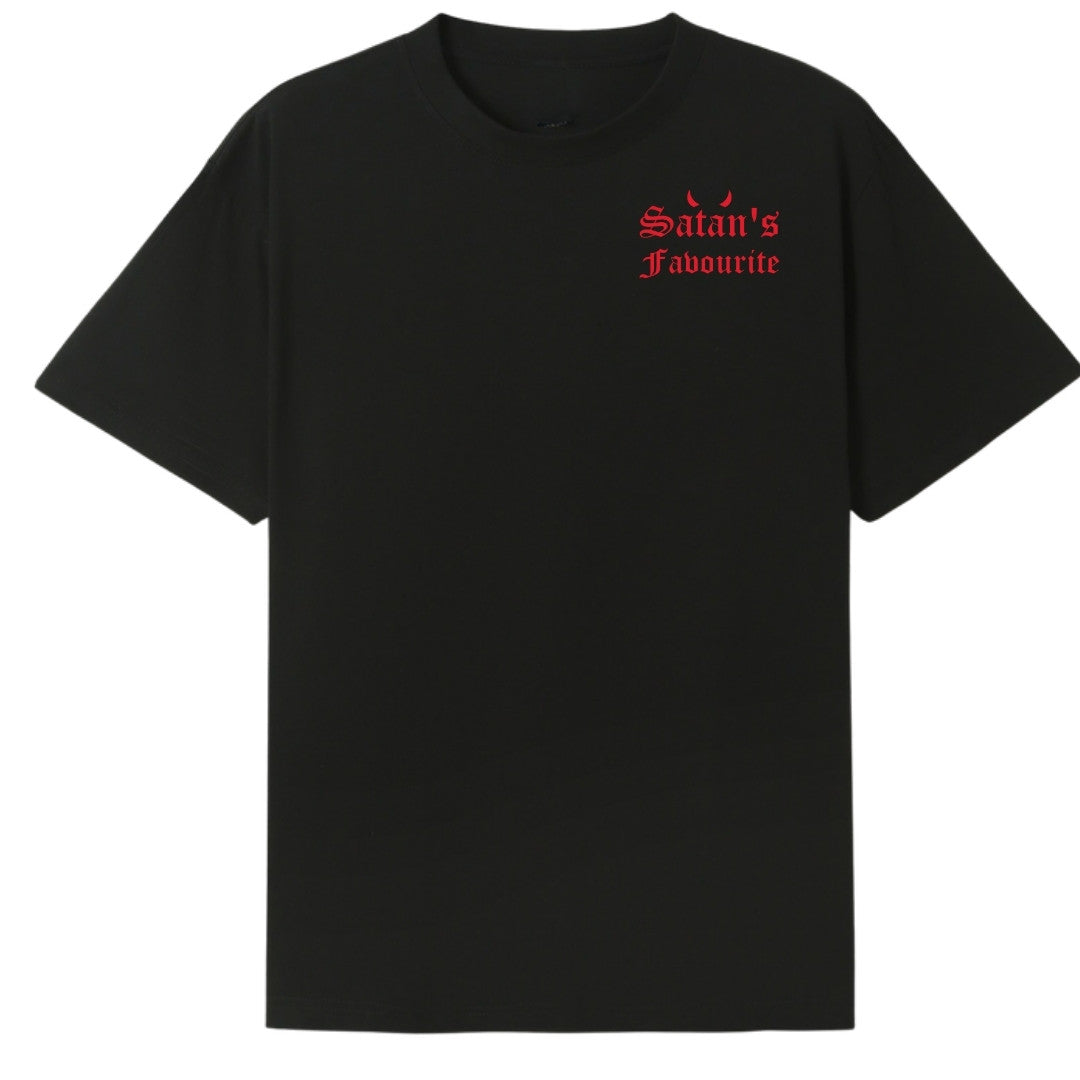 A black oversized tee with a small Satan's Favourite graphic on the left chest.