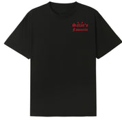 A black oversized tee with a small Satan's Favourite graphic on the left chest.