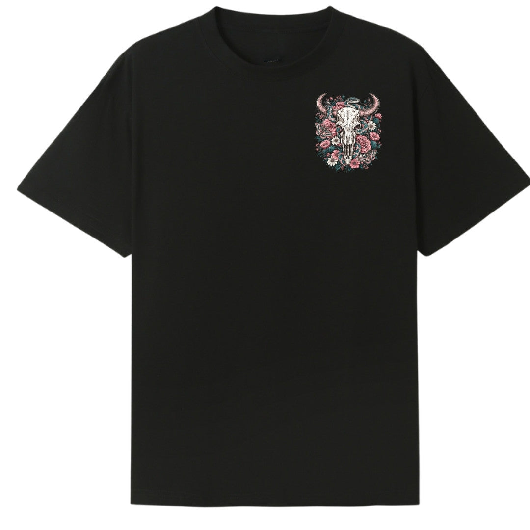 A black oversized tee with a small Skull Snake And Moths graphic on the left chest.