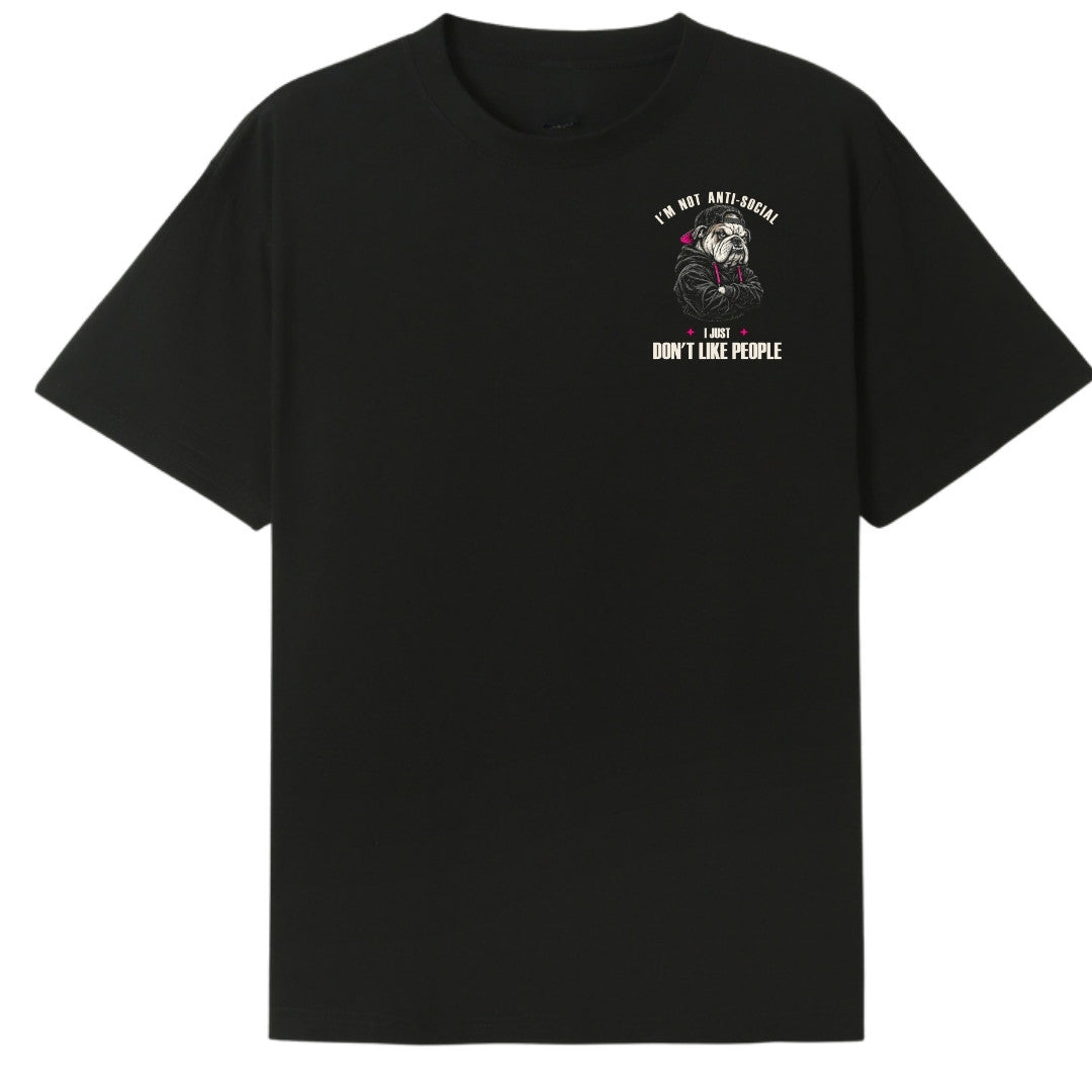 A black oversized tee with a small I'm Not Anti Social Bulldog graphic on the left chest.