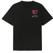 A black oversized tee with a small Witch graphic on the left chest.