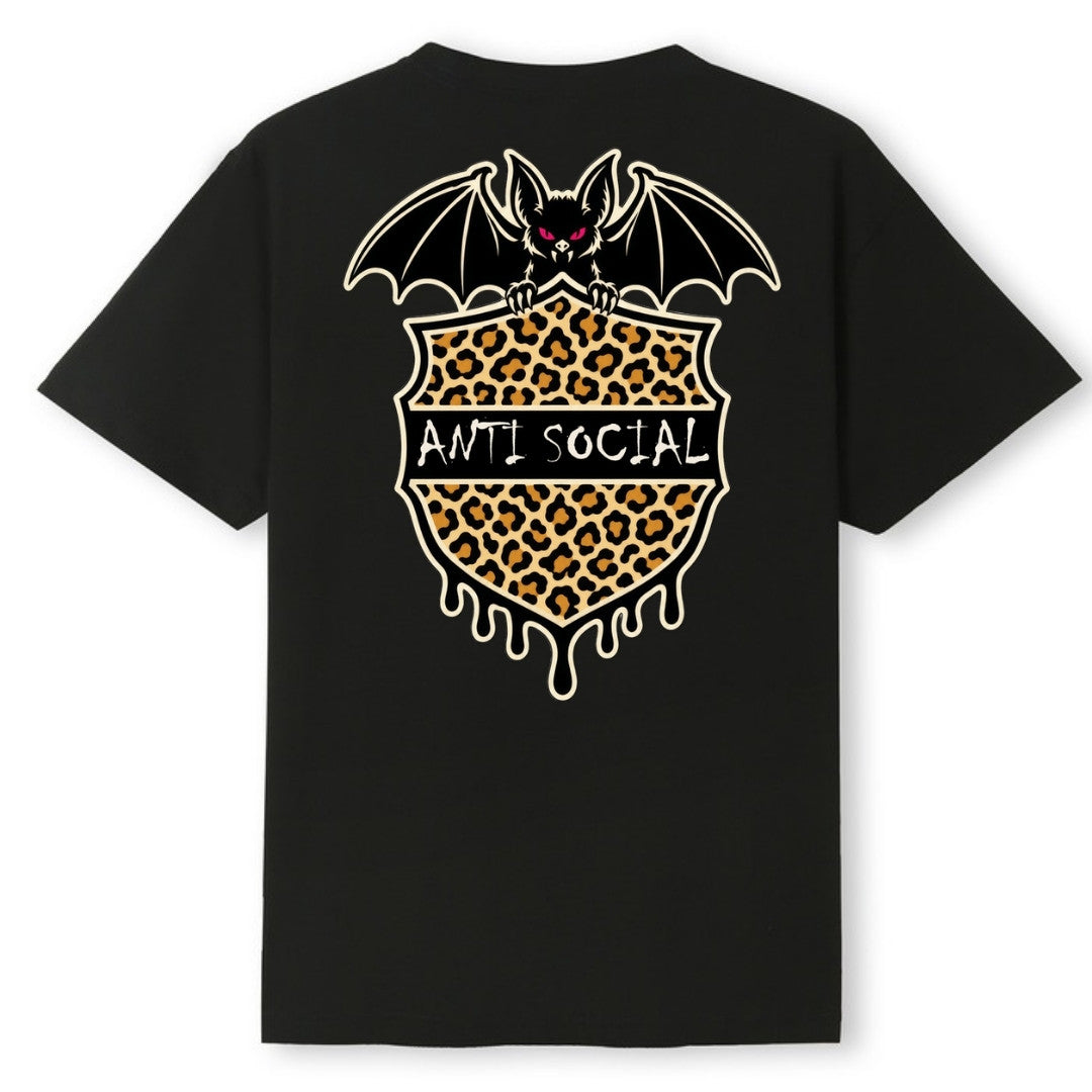 A black oversized tee shown from the back, with the Anti Social graphic printed large across the back.