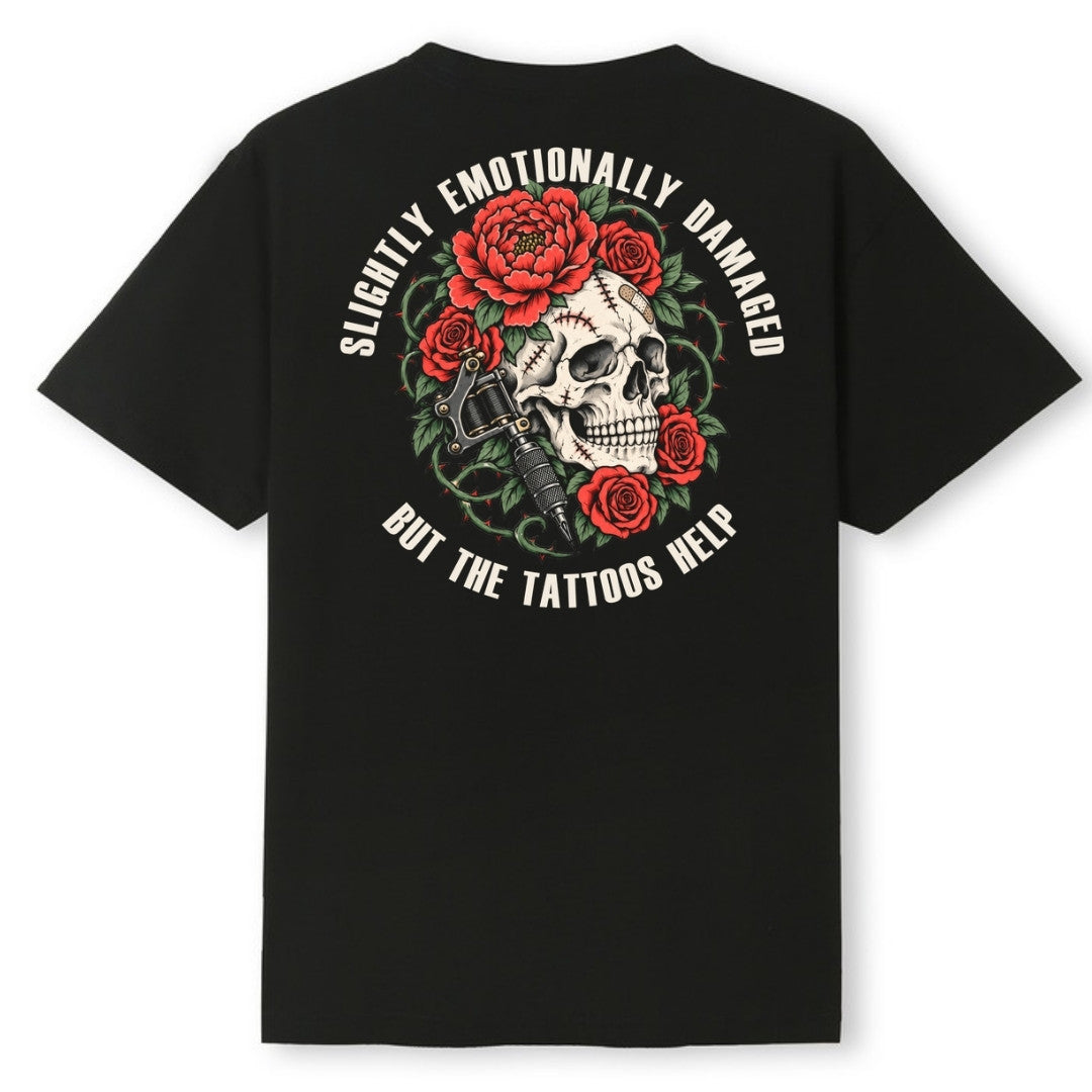 A black oversized tee shown from the back, with the Slightly Emotionally Damaged graphic printed large across the back.