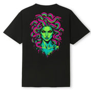 A black oversized tee shown from the back, with the Medusa graphic printed large across the back.