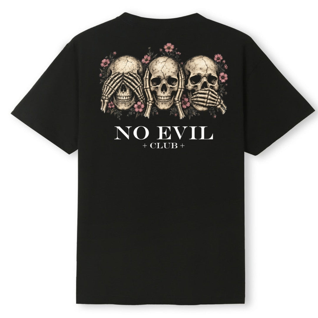 A black oversized tee shown from the back, with the No Evil Club graphic printed large across the back.