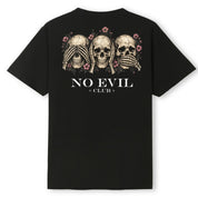 A black oversized tee shown from the back, with the No Evil Club graphic printed large across the back.