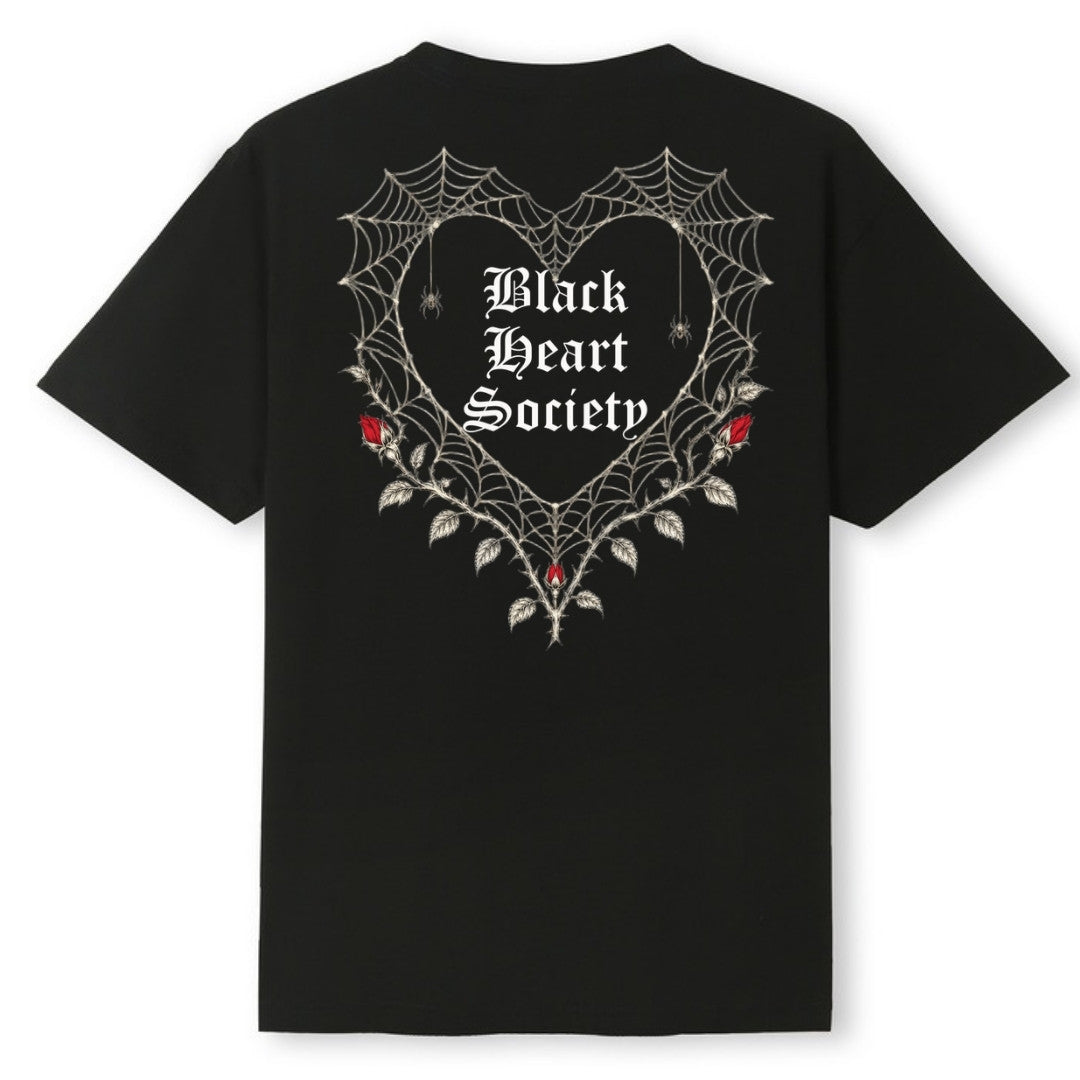 A black oversized tee shown from the back, with the Black Heart Society graphic printed large across the back.