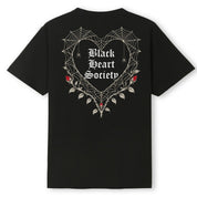 A black oversized tee shown from the back, with the Black Heart Society graphic printed large across the back.