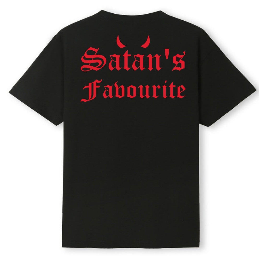 A black oversized tee shown from the back, with the Satan's Favourite graphic printed large across the back.