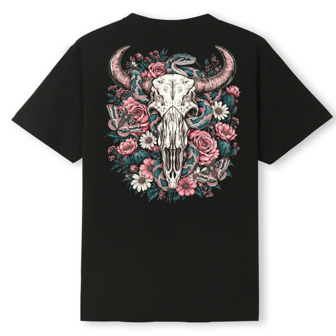 A black oversized tee shown from the back, with the Skull Snake And Moths graphic printed large across the back.