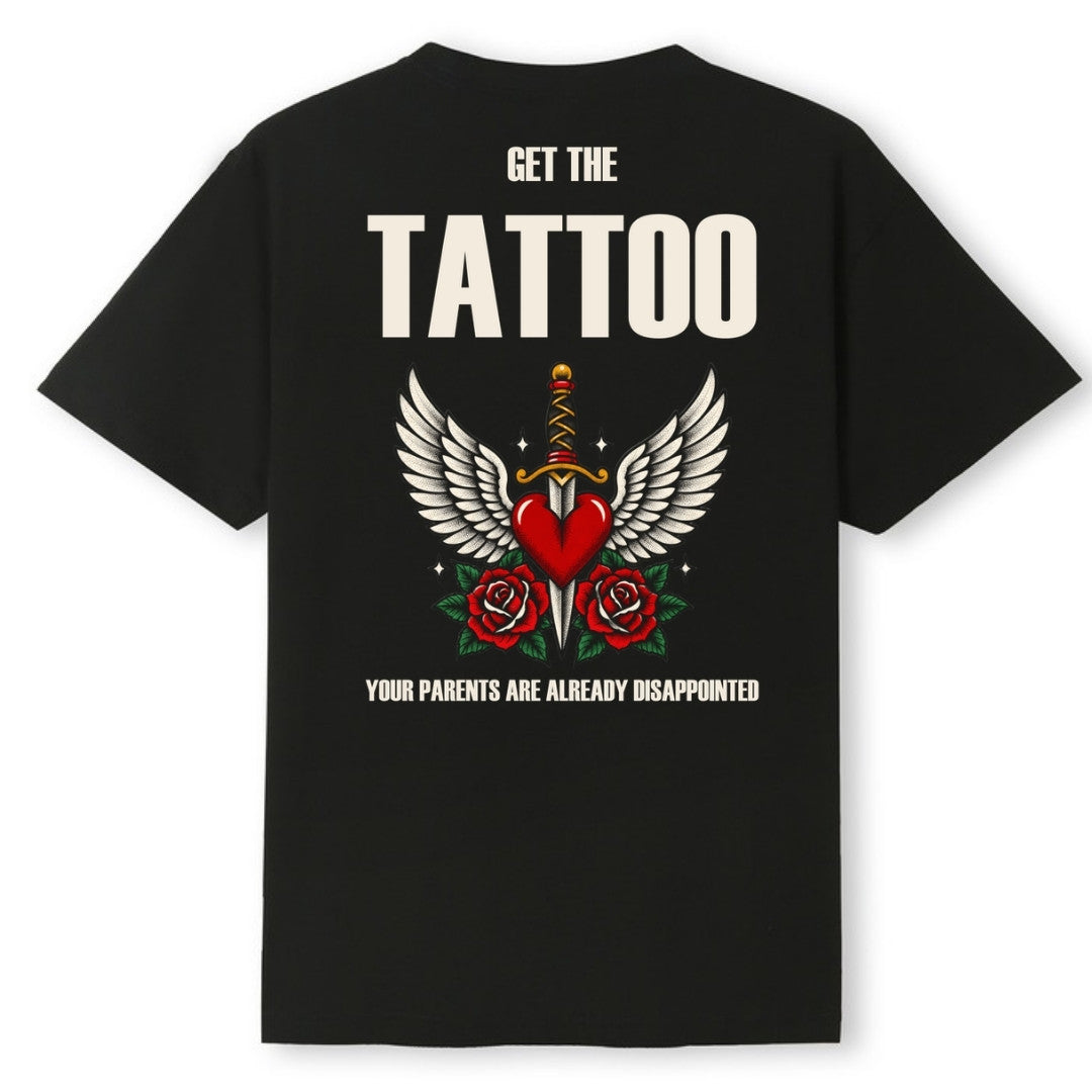 A black oversized tee shown from the back, with the Get The Tattoo graphic printed large across the back.