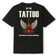 A black oversized tee shown from the back, with the Get The Tattoo graphic printed large across the back.