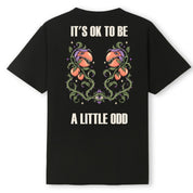 A black oversized tee shown from the back, with the It's OK To Be A Little Odd graphic printed large across the back.