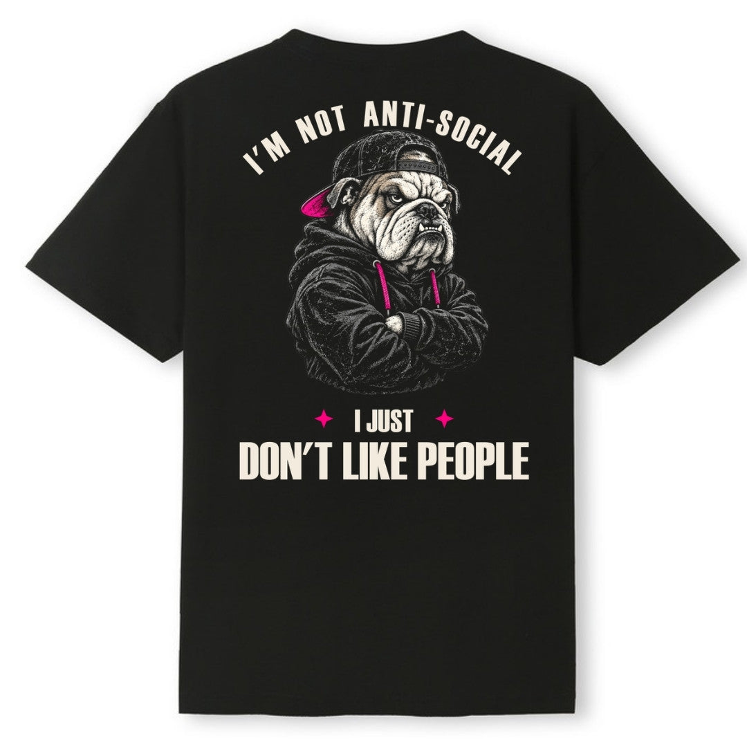 A black oversized tee shown from the back, with the I'm Not Anti Social Bulldog graphic printed large across the back.