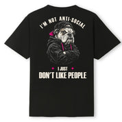 A black oversized tee shown from the back, with the I'm Not Anti Social Bulldog graphic printed large across the back.