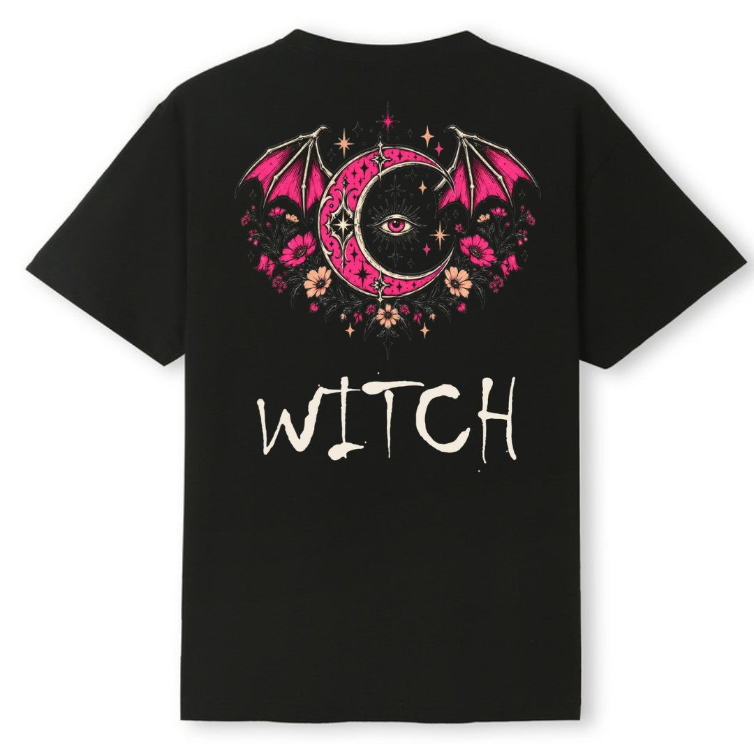 A black oversized tee shown from the back, with the Witch graphic printed large across the back.
