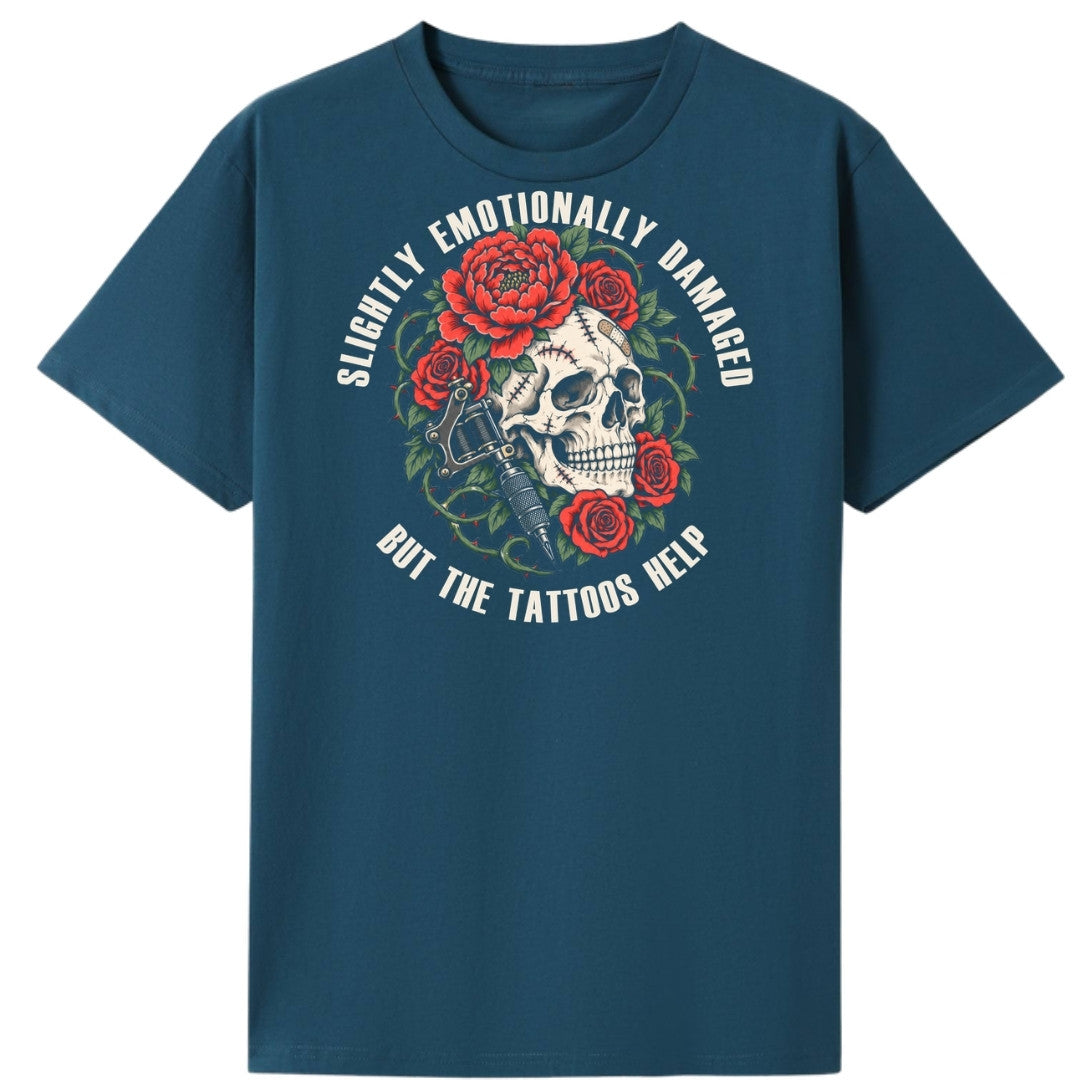 A teal oversized tee with the Slightly Emotionally Damaged graphic printed large on the front.