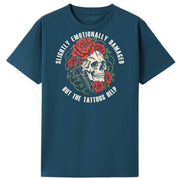 A teal oversized tee with the Slightly Emotionally Damaged graphic printed large on the front.