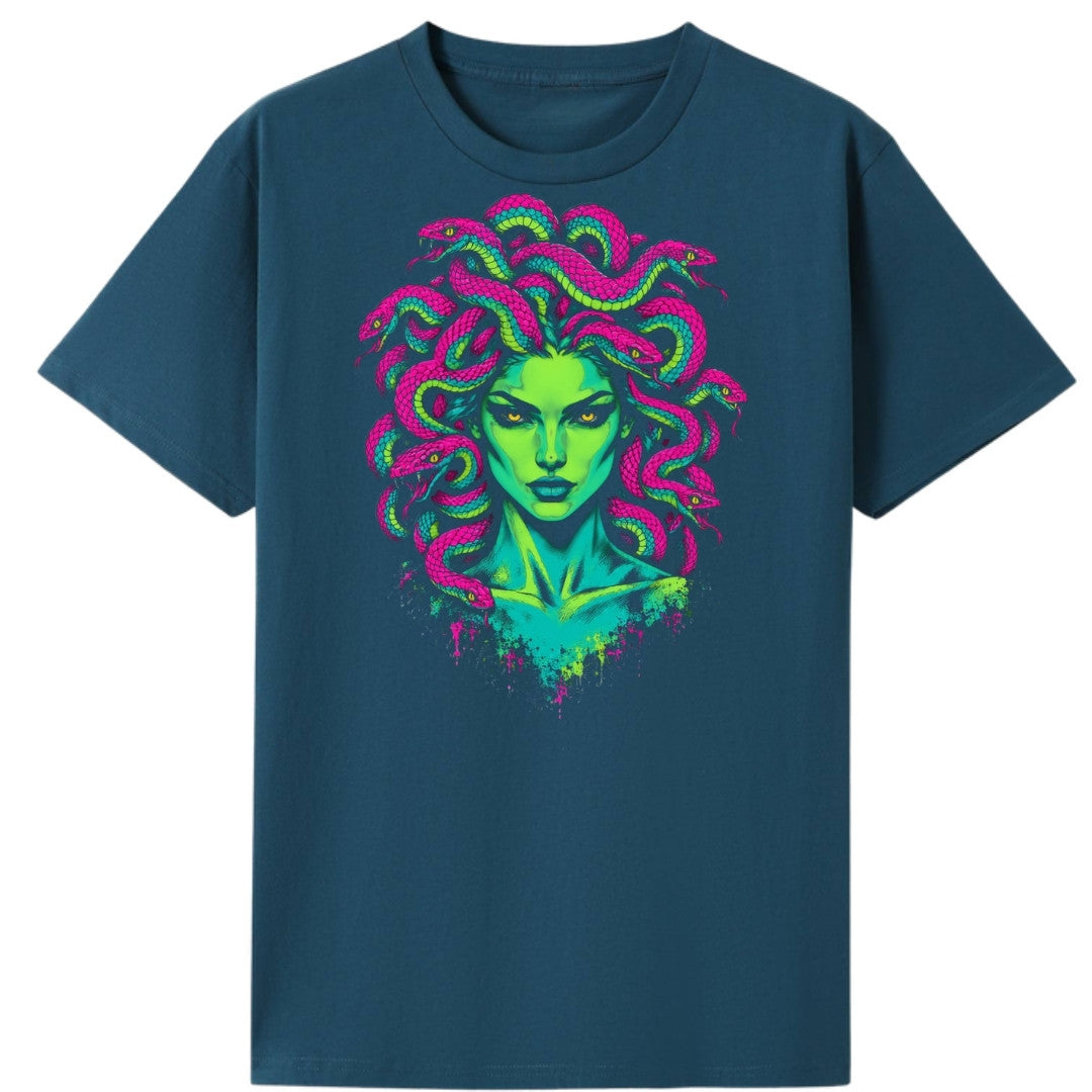 A teal oversized tee with the Medusa graphic printed large on the front.