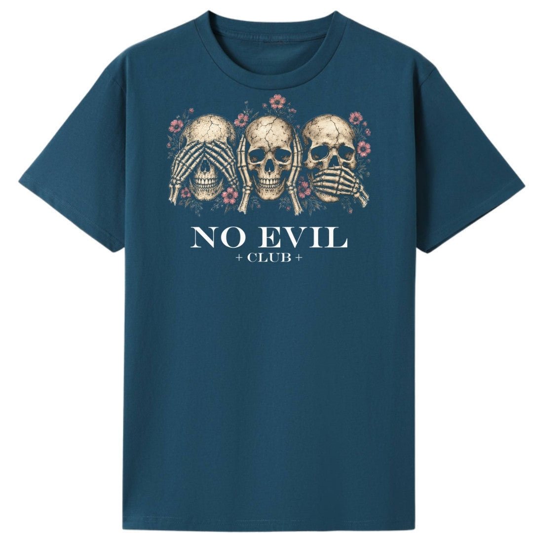 A teal oversized tee with the No Evil Club graphic printed large on the front.