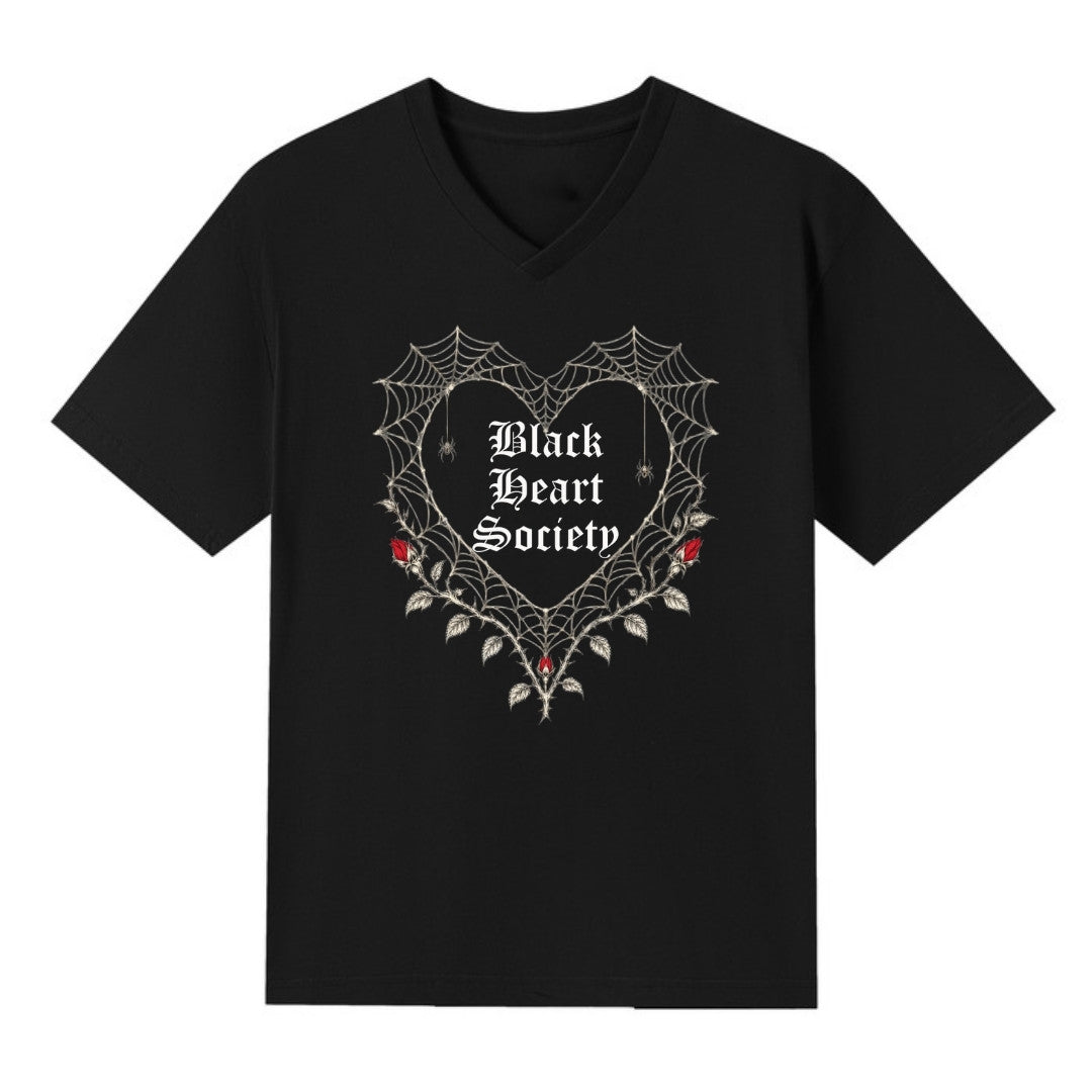 A black V-neck oversized tee with the Black Heart Society graphic printed large on the front.