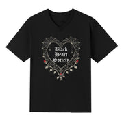 A black V-neck oversized tee with the Black Heart Society graphic printed large on the front.
