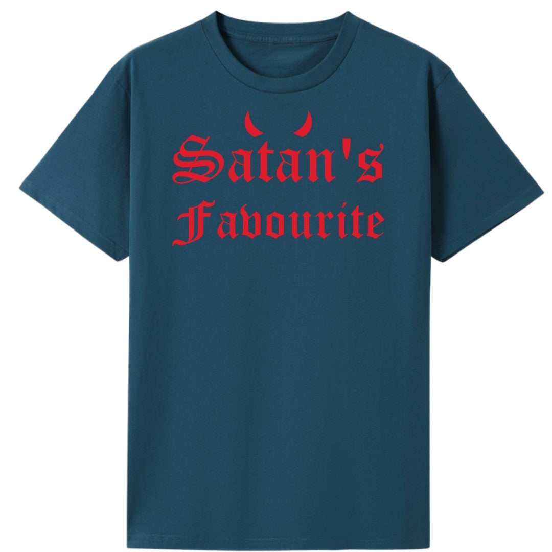 A teal oversized tee with the Satan's Favourite graphic printed large on the front.
