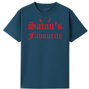 A teal oversized tee with the Satan's Favourite graphic printed large on the front.