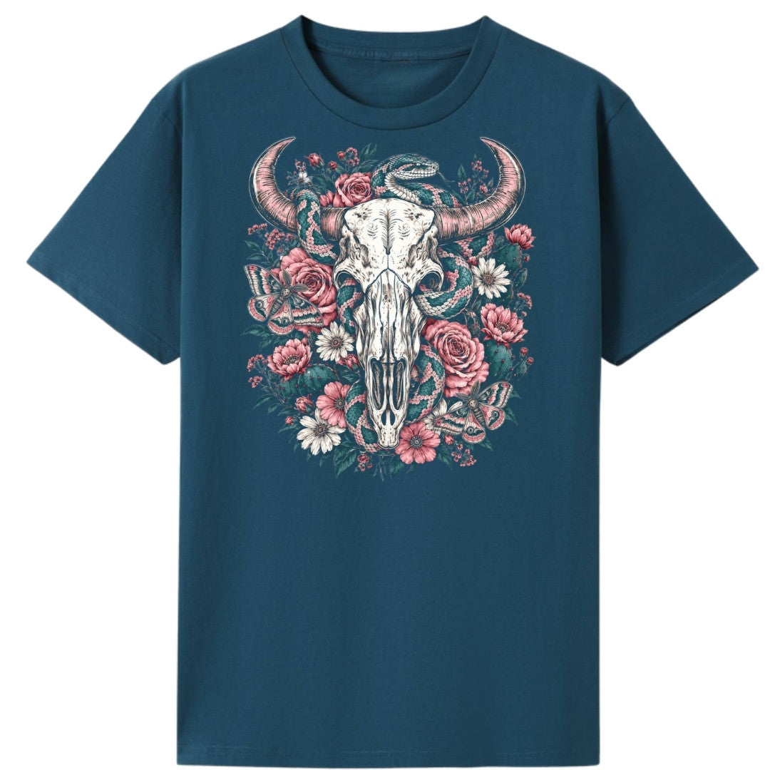 A teal oversized tee with the Skull Snake And Moths graphic printed large on the front.