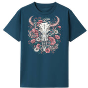 A teal oversized tee with the Skull Snake And Moths graphic printed large on the front.